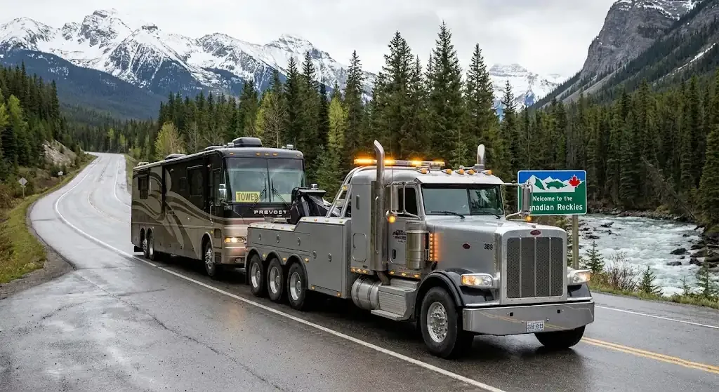 Kansas City heavy-duty tow truck with RV in transport