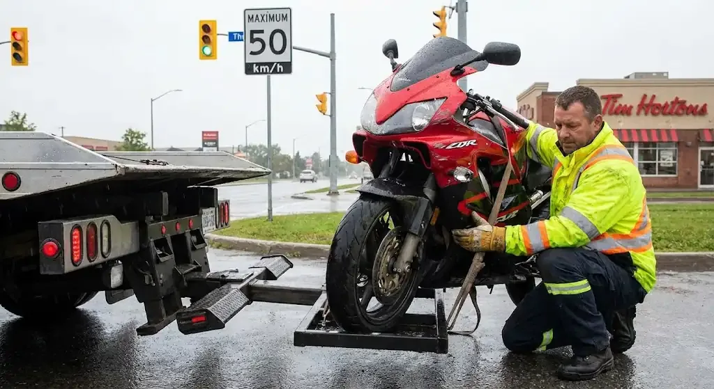 Kansas City motorcycle being safely loaded for transport