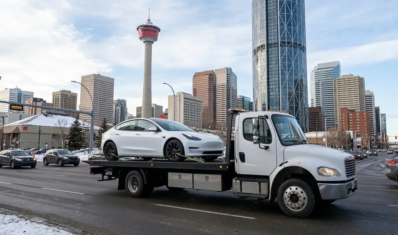 Kansas City electric vehicle on flatbed transport